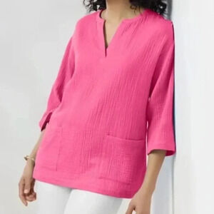 Soft Surroundings Pink Cotton Gauze Popover Tunic Top